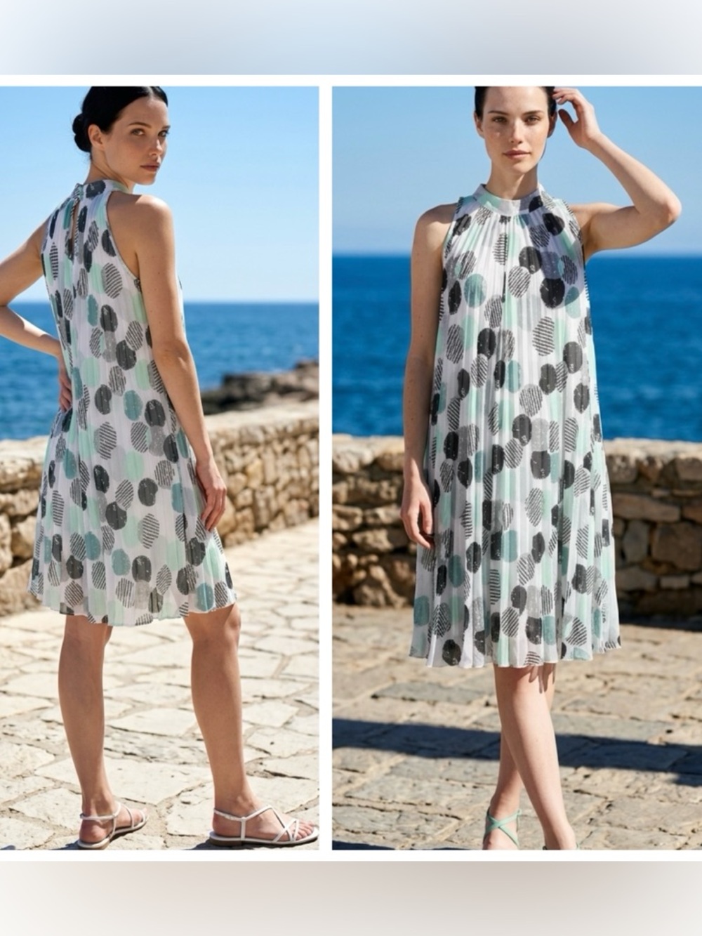 C est 1946 Women Sz L Pleated polka Dot Halter Trapeze Short Dress Mint & Black